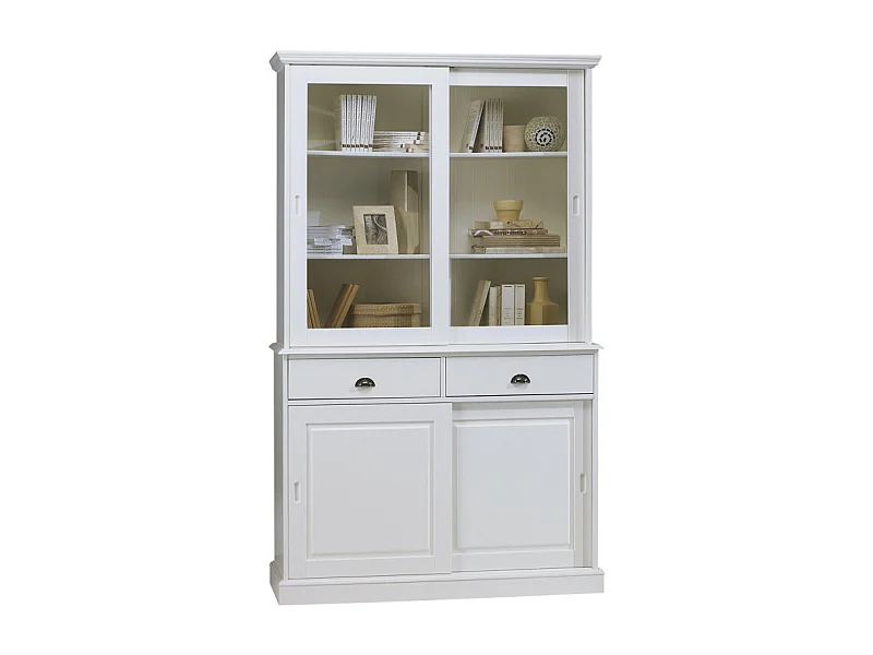 Vaisselier Blanc 4 Portes Coulissantes 2 Tiroirs 5 Niches L 121 H 198.8 P 42.3 cm