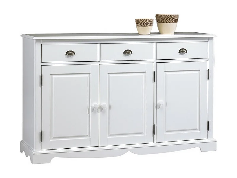 Buffet Blanc 3 Portes 3 Tiroirs Style Anglais 4 Niches L 146.6 H 89.6 P 42.5 cm