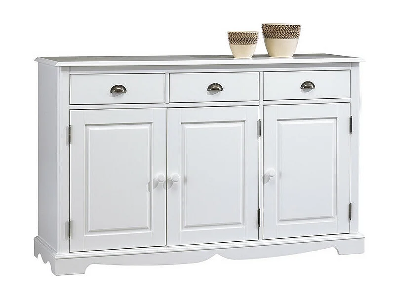 Buffet Blanc 3 Portes 3 Tiroirs Style Anglais 4 Niches L 146.6 H 89.6 P 42.5 cm