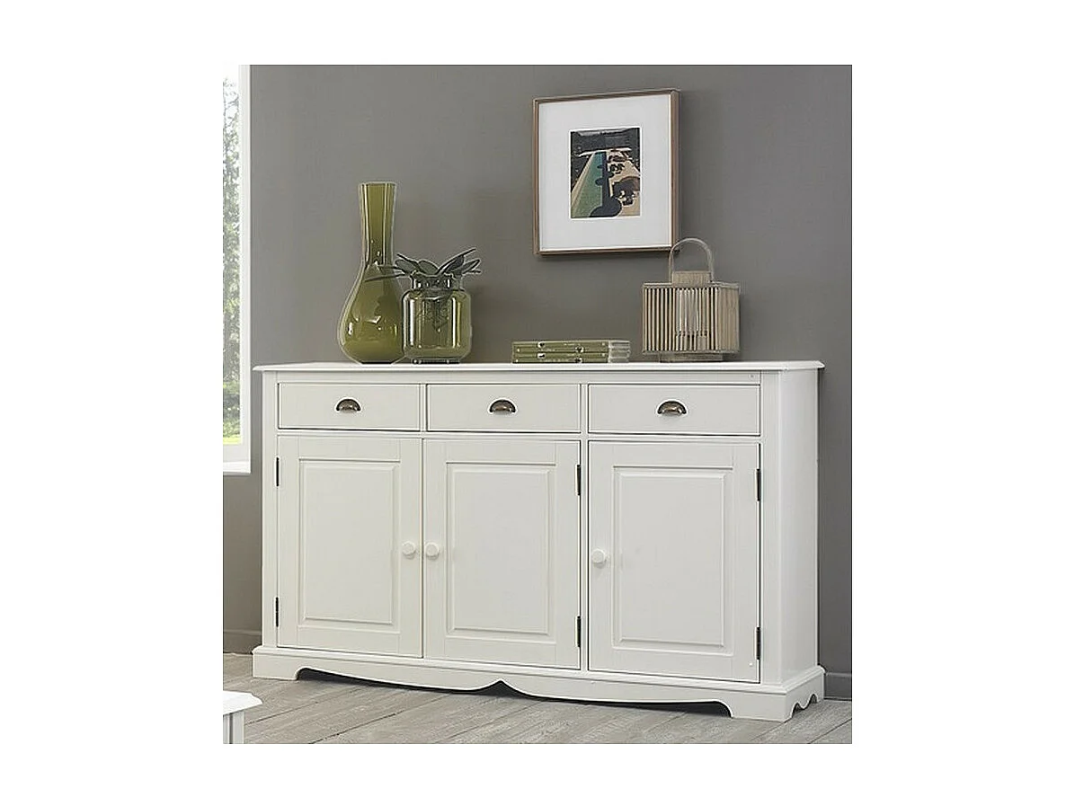 Buffet Blanc 3 Portes 3 Tiroirs Style Anglais 4 Niches L 146.6 H 89.6 P 42.5 cm