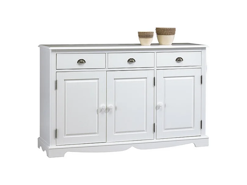 Buffet Blanc 3 Portes 3 Tiroirs Style Anglais 4 Niches L 146.6 H 89.6 P 42.5 cm