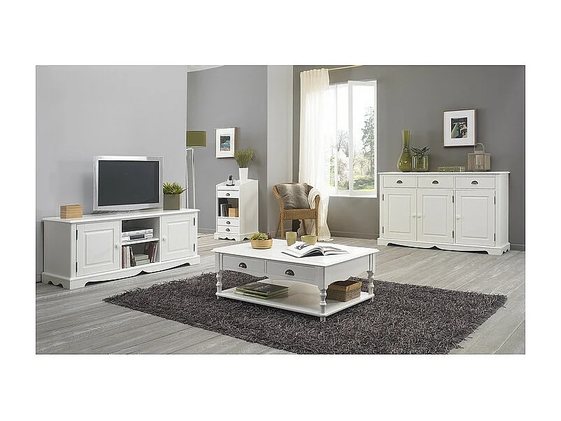 Buffet Blanc 3 Portes 3 Tiroirs Style Anglais 4 Niches L 146.6 H 89.6 P 42.5 cm