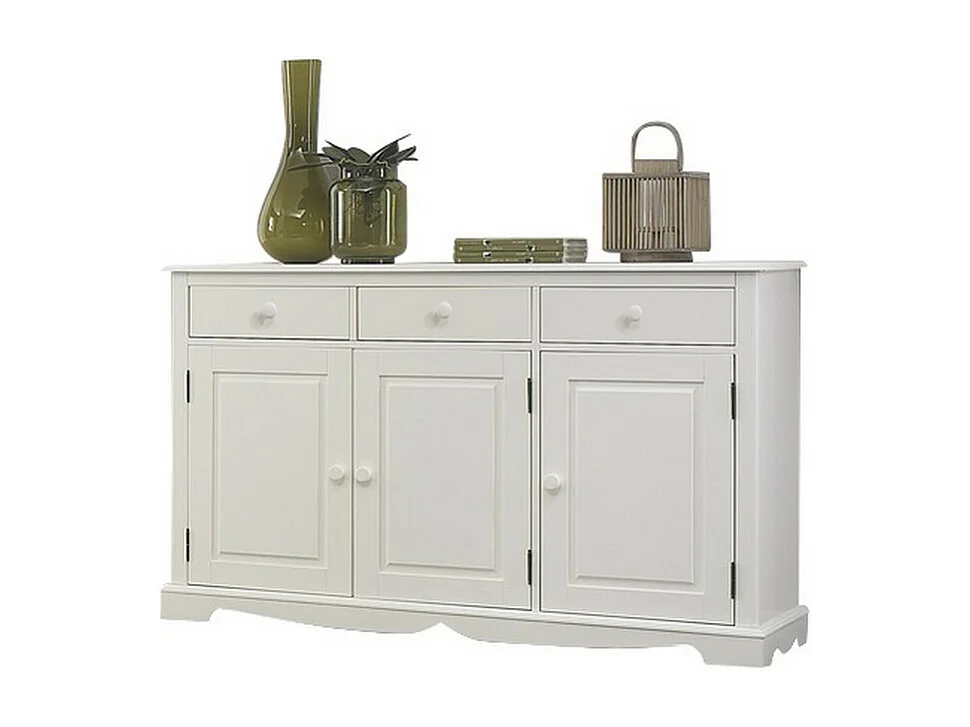 Buffet Blanc 3 Portes 3 Tiroirs Style Anglais 4 Niches L 146.6 H 89.6 P 42.5 cm