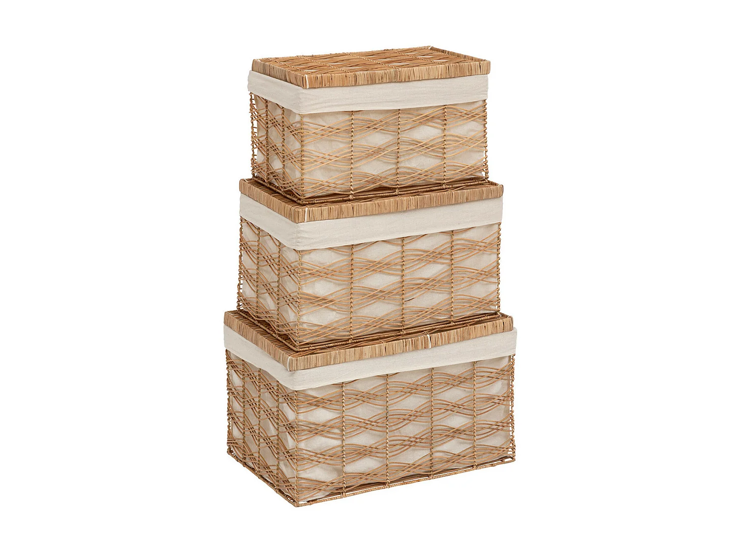 Set de 3 Malles de rangement en Fer et Rotin L 59 L 55 et L 50 cm