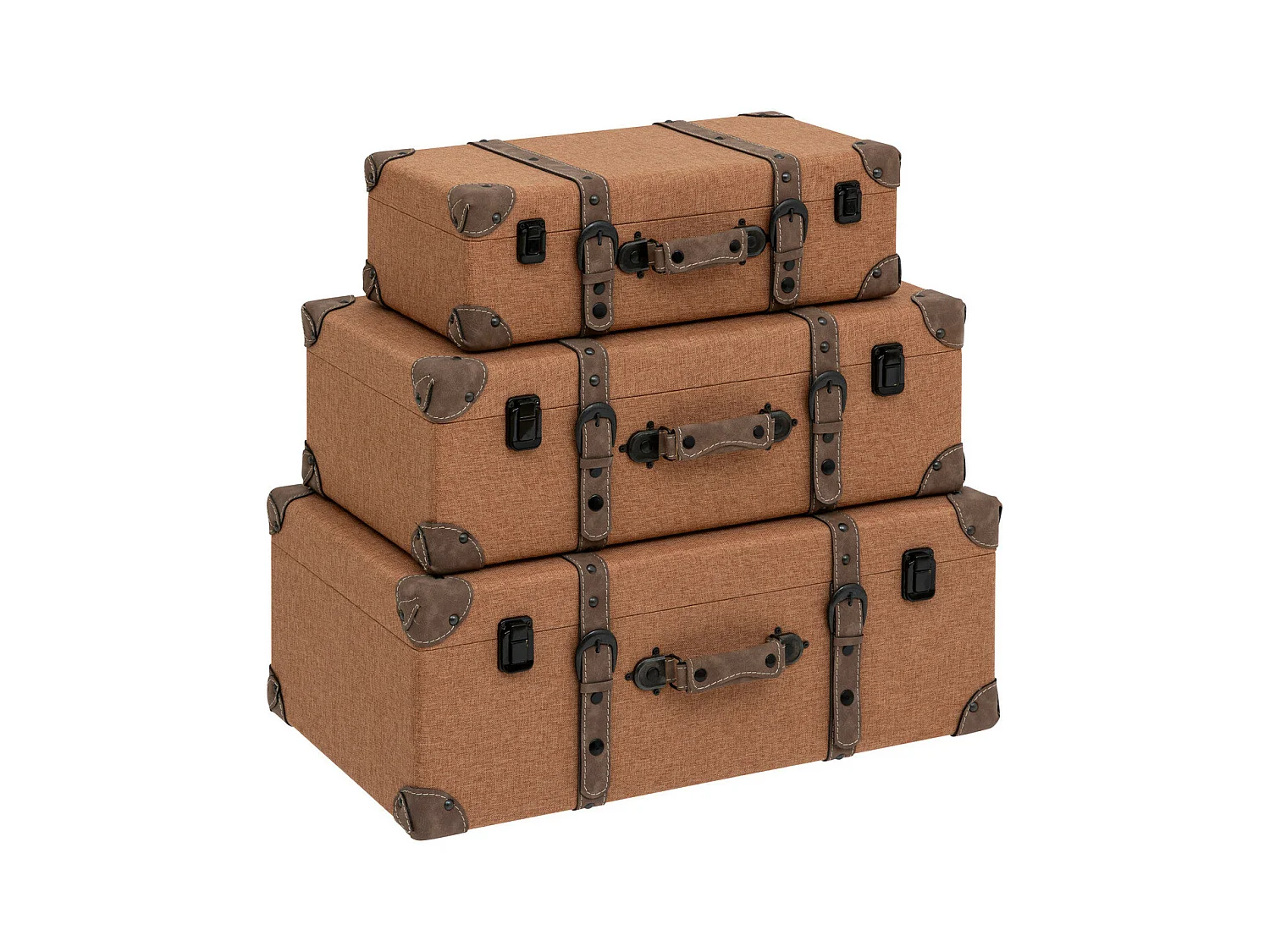 Set de 3 Malles de rangement Marron Caramel style Vintage L 60 L 55 et L 45 cm