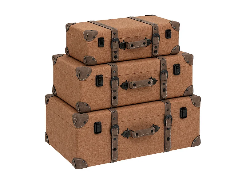 Set de 3 Malles de rangement Marron Caramel style Vintage L 60 L 55 et L 45 cm