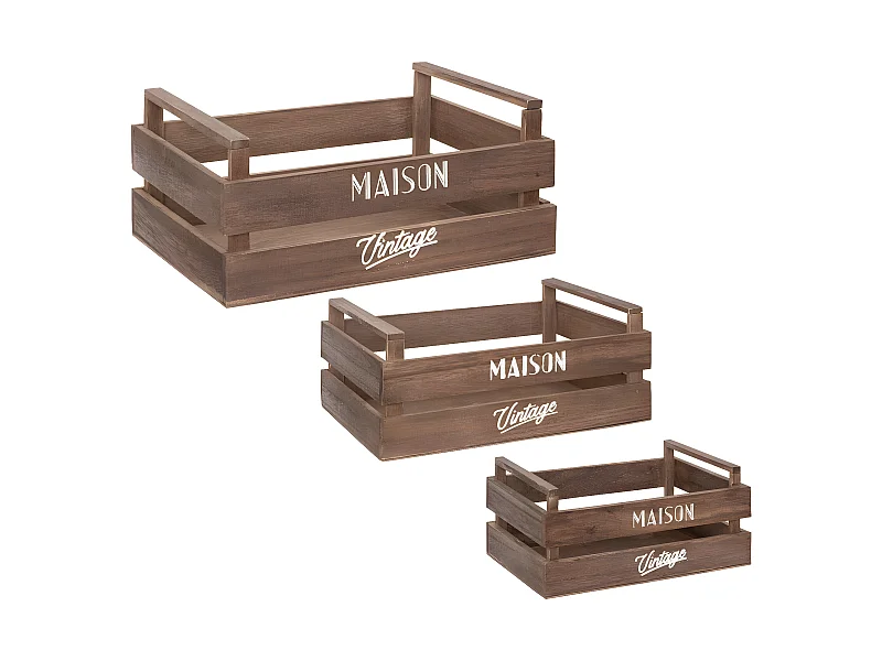 Lot de 3 Caisses de rangement Cagettes en Bois Marron Vintage L 35 L 29 et L 23 cm