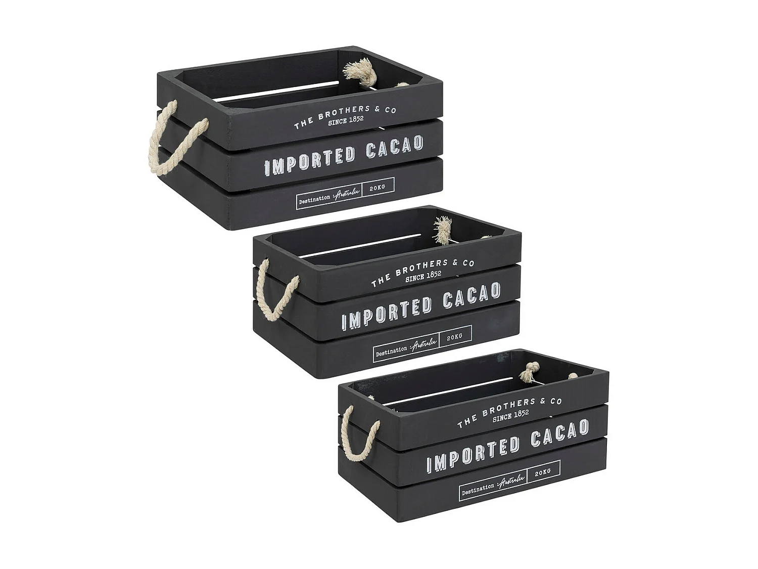 Lot de 3 Caisses de rangement Cagettes en Bois Gris et Corde