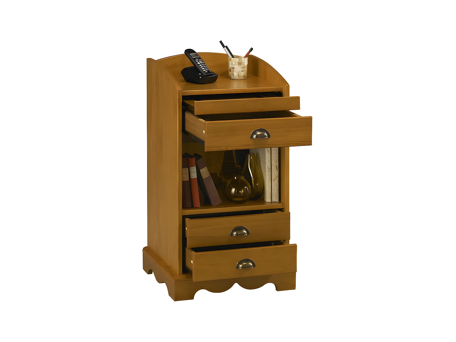 Meuble d'Entrée Téléphone Pin Miel 3 Tiroirs 1 Niche L 47 H 82 P 42.5 cm