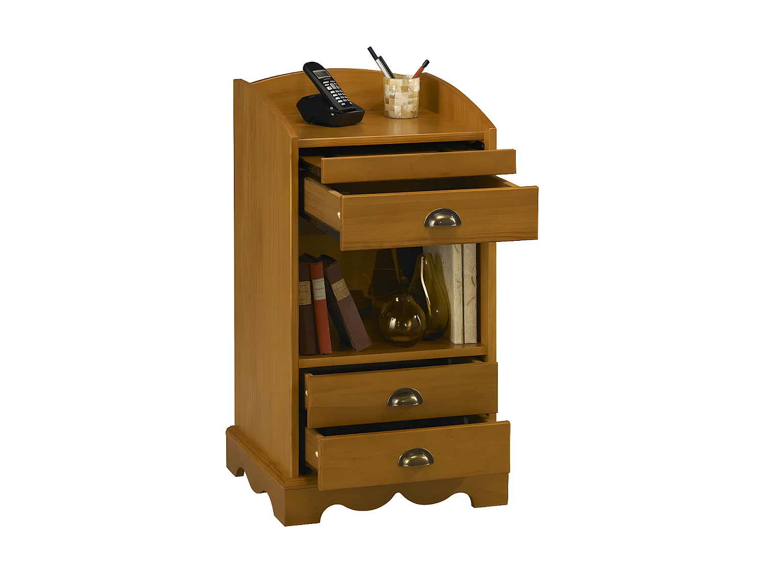 Meuble d'Entrée Téléphone Pin Miel 3 Tiroirs 1 Niche L 47 H 82 P 42.5 cm