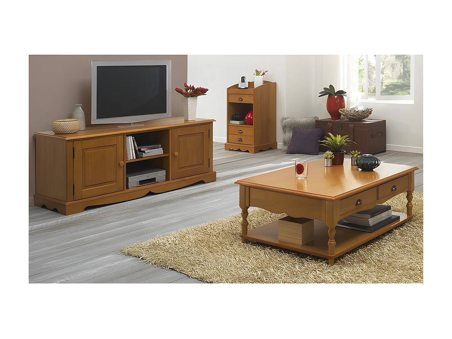 Meuble d'Entrée Téléphone Pin Miel 3 Tiroirs 1 Niche L 47 H 82 P 42.5 cm