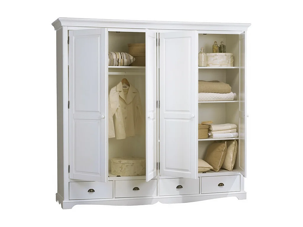Armoire Penderie Blanche 4 Portes 4 Tiroirs 4 Etagères L 212 H 195 P 54 cm
