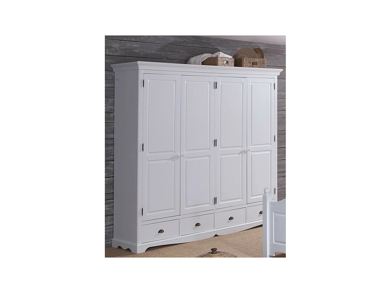 Armoire Penderie Blanche 4 Portes 4 Tiroirs 4 Etagères L 212 H 195 P 54 cm