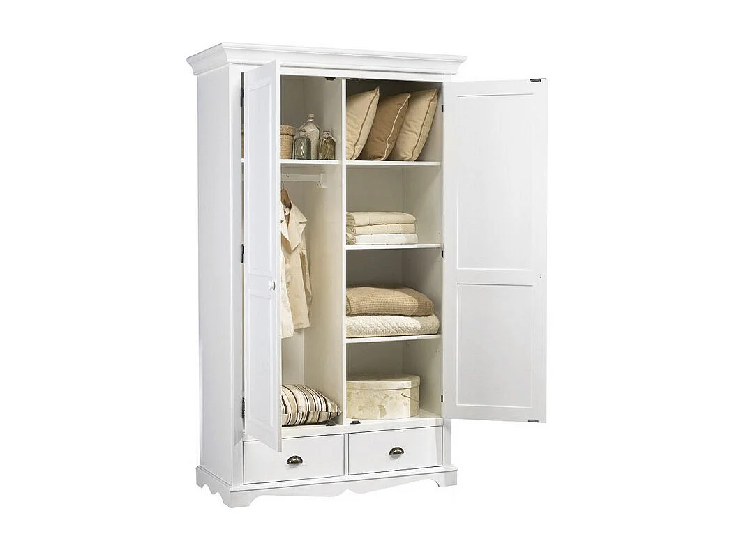 Armoire Penderie Blanche 2 Portes 2 Tiroirs 6 Niches L 114.5 H 195 P 54 cm