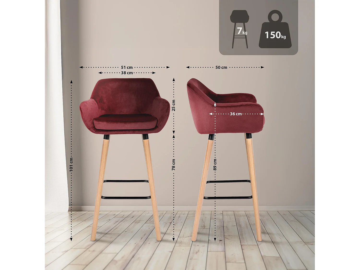 Lot de 2  Tabouret de bar - Velours & Chrome - Rouge - Grant