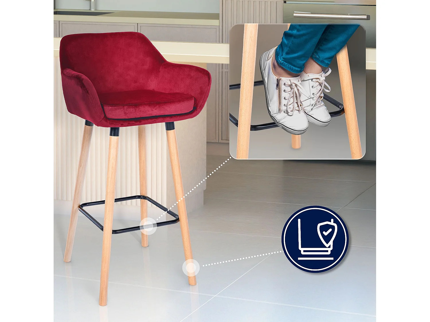 Lot de 2  Tabouret de bar - Velours & Chrome - Rouge - Grant