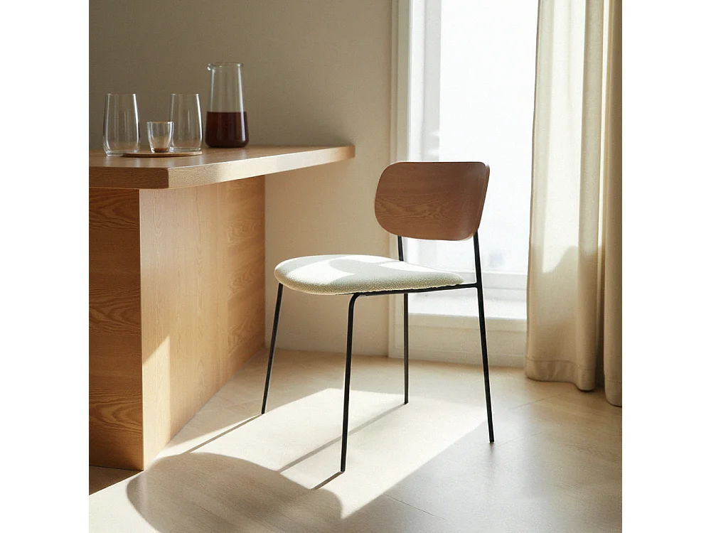 Jens - Lot de 2 chaises en bois, tissu bouclette et métal - Beige