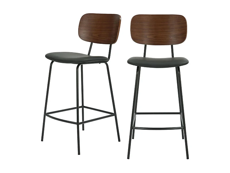 Jens - Lot de 2 chaises de bar en bois foncé, simili et métal H66cm - Noir
