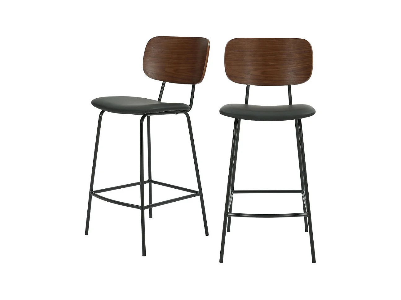 Jens - Lot de 2 chaises de bar en bois foncé, simili et métal H66cm - Noir