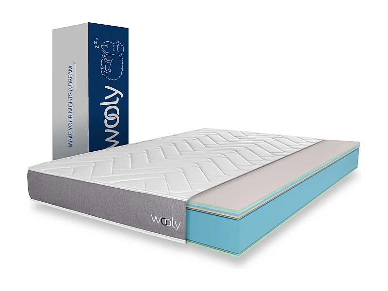 Matelas Wooly One M 135x190 cm - Mousse mémoire de Forme adaptative - 7 Zones Blue - Latex + HR - Confort Optimal - Equilibré - Hypoallergénique