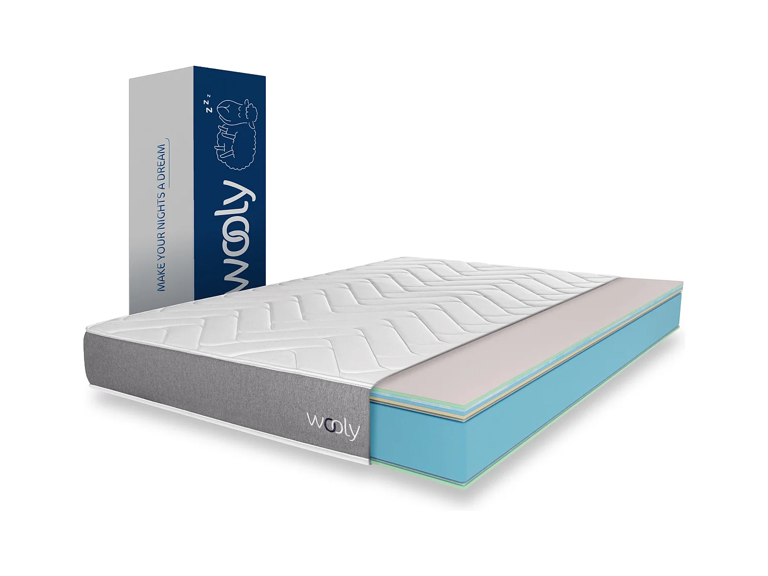 Matelas Wooly One M 135x190 cm - Mousse mémoire de Forme adaptative - 7 Zones Blue - Latex + HR - Confort Optimal - Equilibré - Hypoallergénique