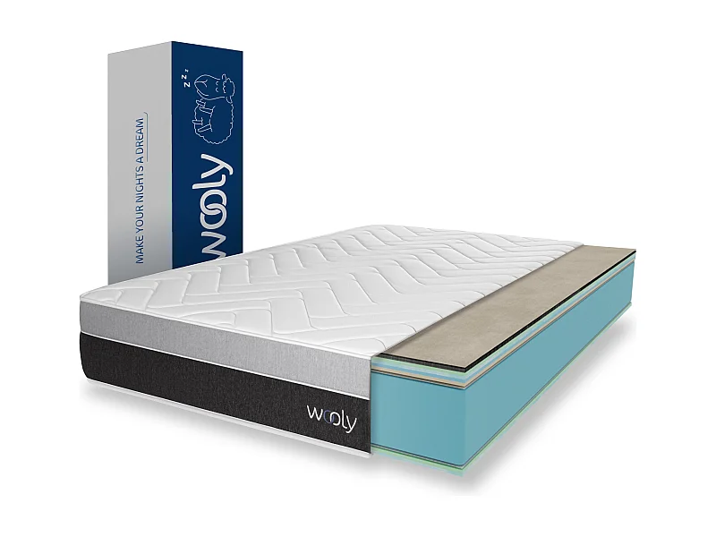 Matelas Wooly Level XXL 140x190 cm - Tres Epais 32 cm - Mousse Gel rafraîchissant mémoire de Forme - HR 35 kg - Laine - Latex - Oeko TEX - Ferme