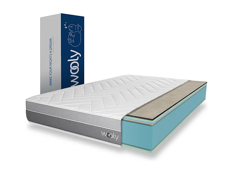 Matelas Wooly Original L 180x200 cm - 24 cm - 12 Couches Confort - Mousse mémoire Carbone - Laine - Latex-HR - 7 Zones - Ferme - Sommeil Réparateur
