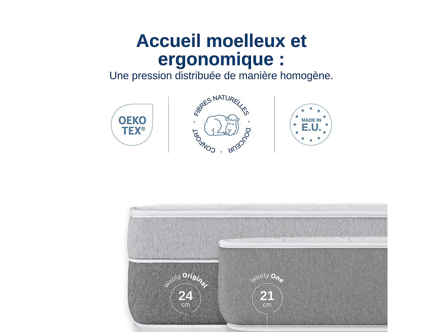 Matelas Wooly Original L 180x200 cm - 24 cm - 12 Couches Confort - Mousse mémoire Carbone - Laine - Latex-HR - 7 Zones - Ferme - Sommeil Réparateur