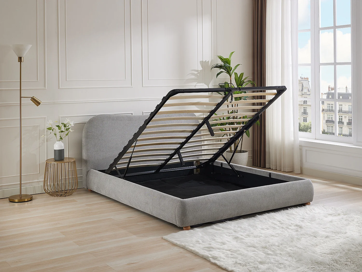 Lit coffre 140 x 190 cm - Tissu - Gris clair - VANARI