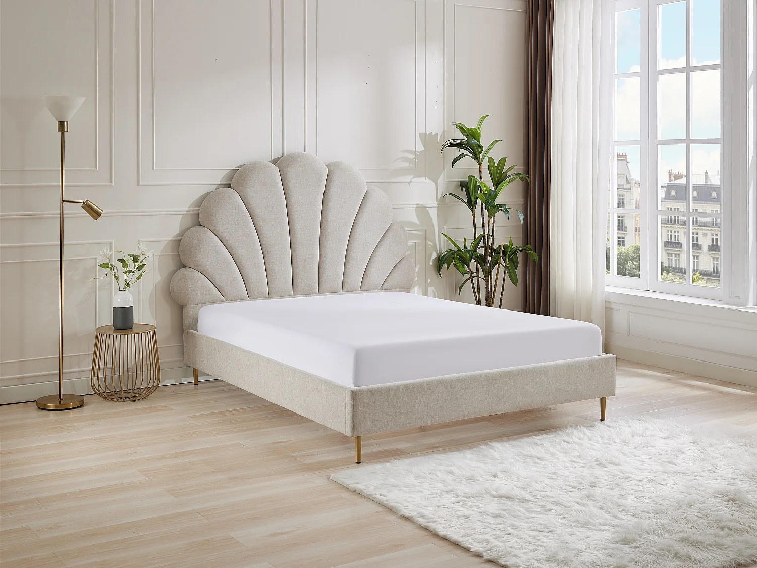 Lit coquillage 160 x 200 cm - Tissu - Beige - LIVAYA