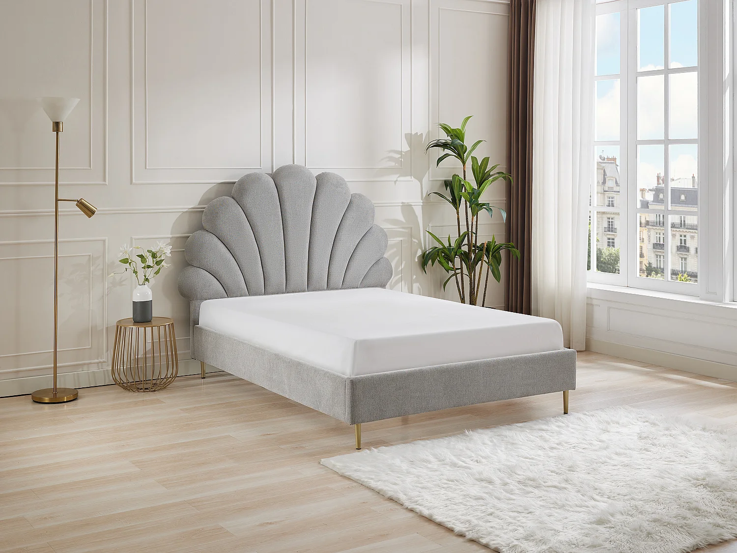 Lit coquillage 160 x 200 cm - Tissu - Gris clair - LIVAYA