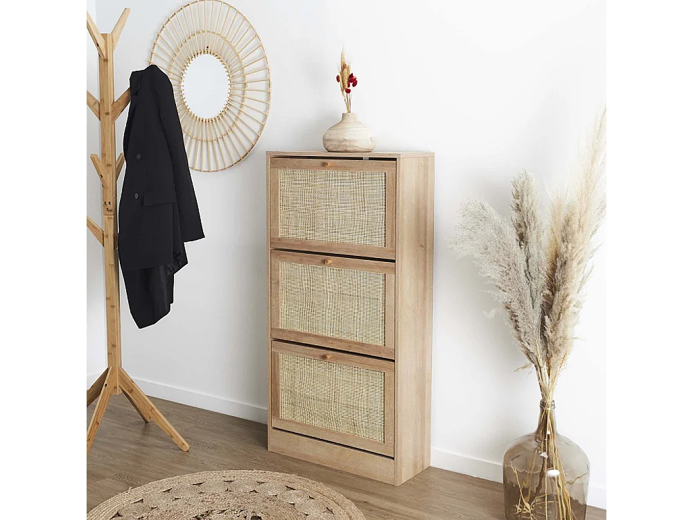 Schoenenkast 3 Deuren Bali Rotan en Bruin Hout 60x24x113 cm Industrieel Stijl