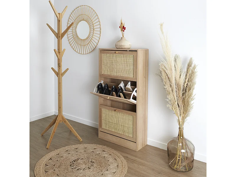 Schoenenkast 3 Deuren Bali Rotan en Bruin Hout 60x24x113 cm Industrieel Stijl