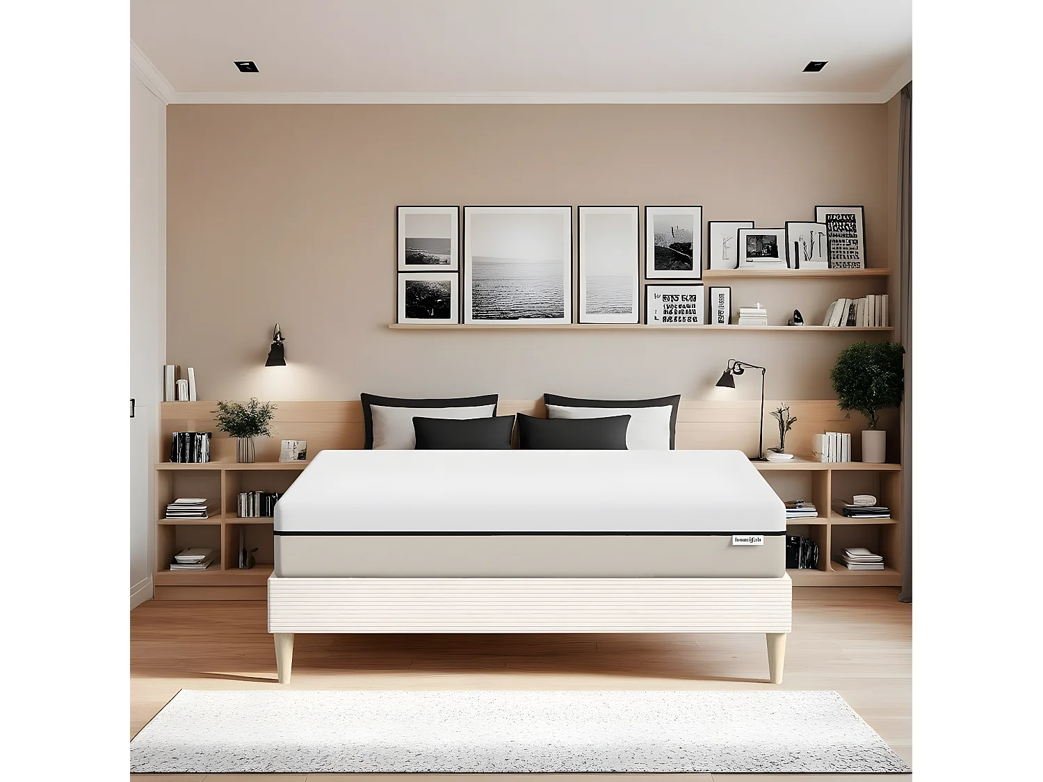 Ensemble lit adulte 140x190 cm en velours côtelé beige + Matelas Hybride à ressorts ensachés et mémoire de forme - Spring Elite