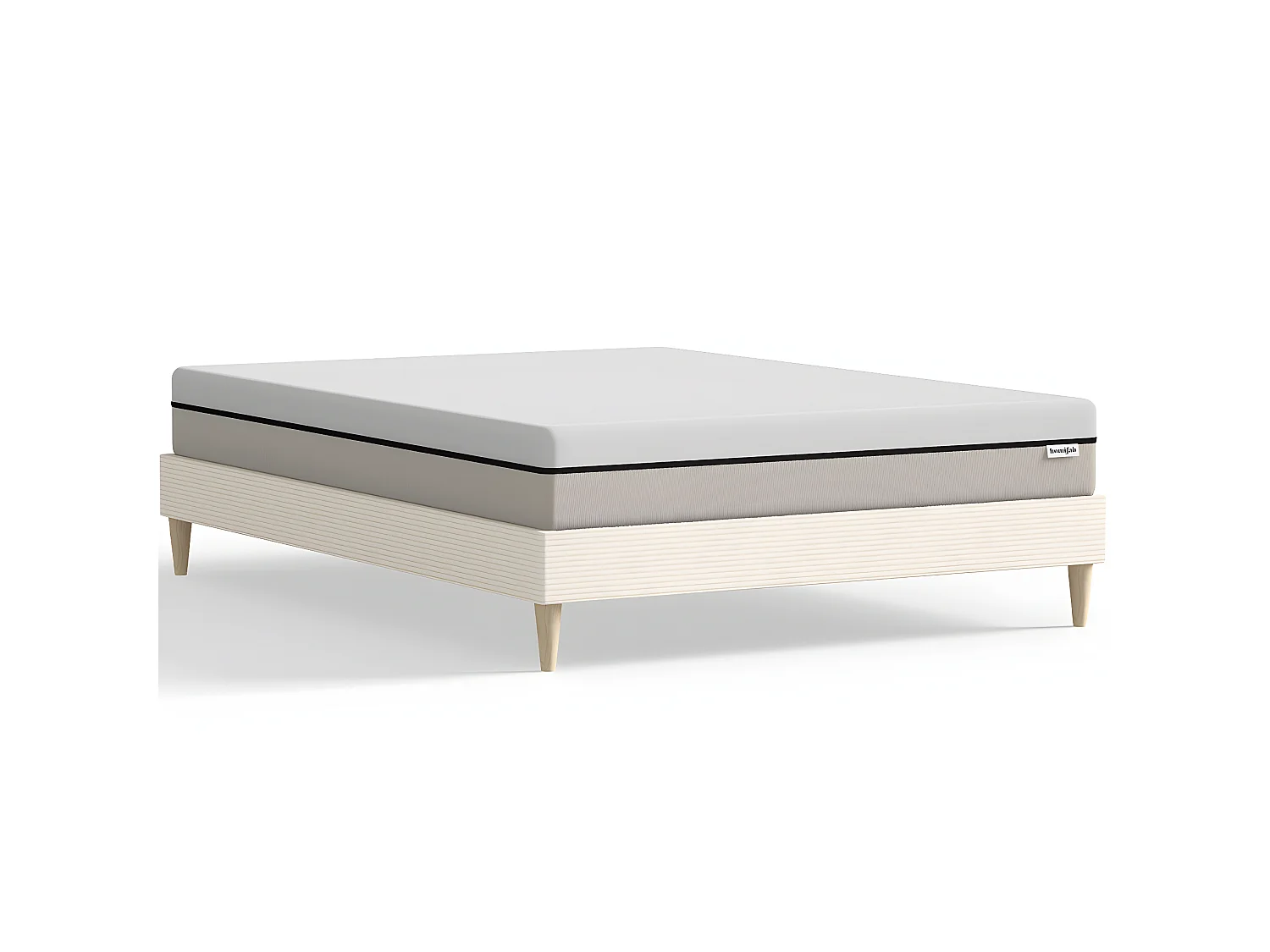 Ensemble lit adulte 140x190 cm en velours côtelé beige + Matelas Hybride à ressorts ensachés et mémoire de forme - Spring Elite