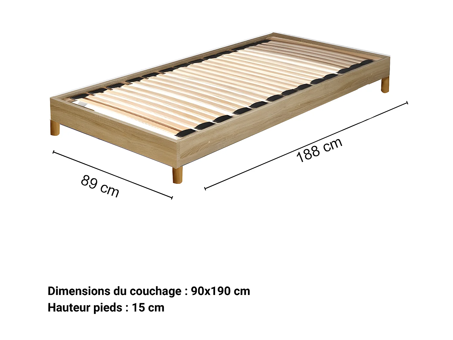Sommier sur pied SOMKIT 90x190 / Décor Chêne blanchi