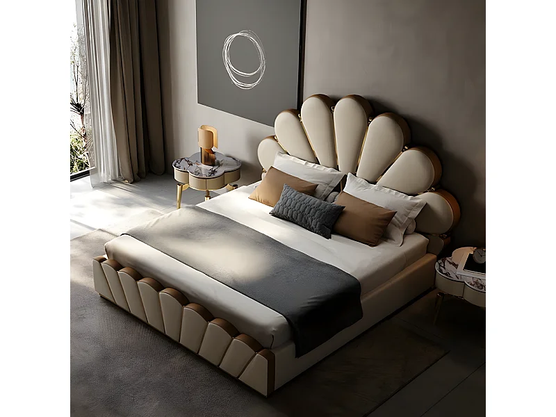 Modernes Beiges Schlafzimmer Bett Kunstleder Doppelbett Designer (1-tlg., 1x Bett)