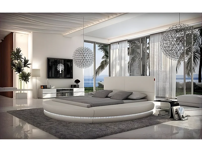 Design Rund Bett Polsterbett Luxusbett Doppelbett LED lamp Ehebett Betten Neu