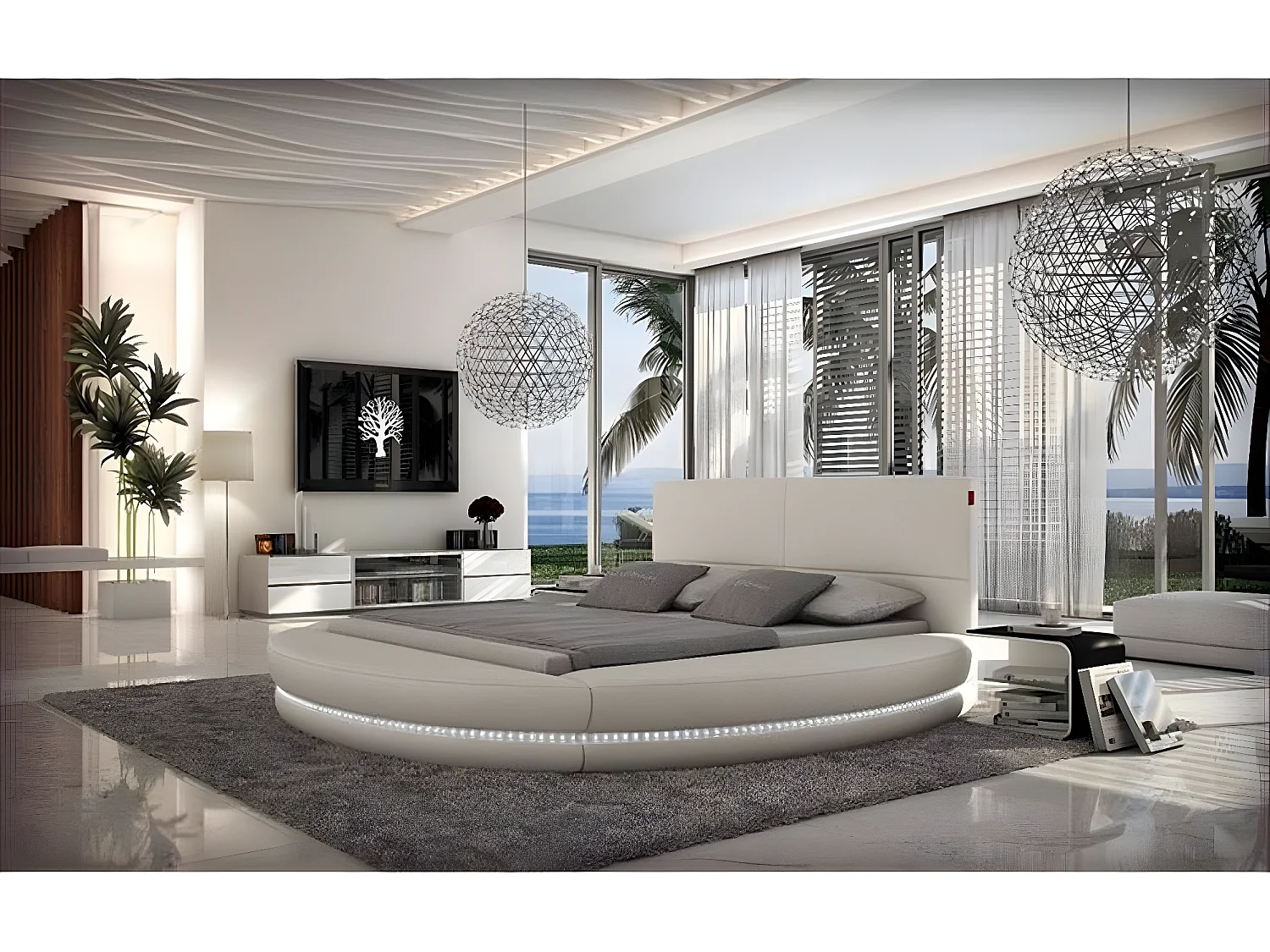 Design Rund Bett Polsterbett Luxusbett Doppelbett LED lamp Ehebett Betten Neu