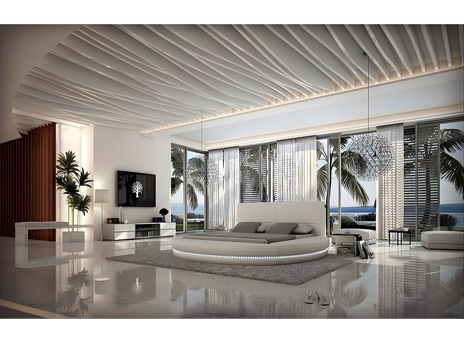 Design Rund Bett Polsterbett Luxusbett Doppelbett LED lamp Ehebett Betten Neu