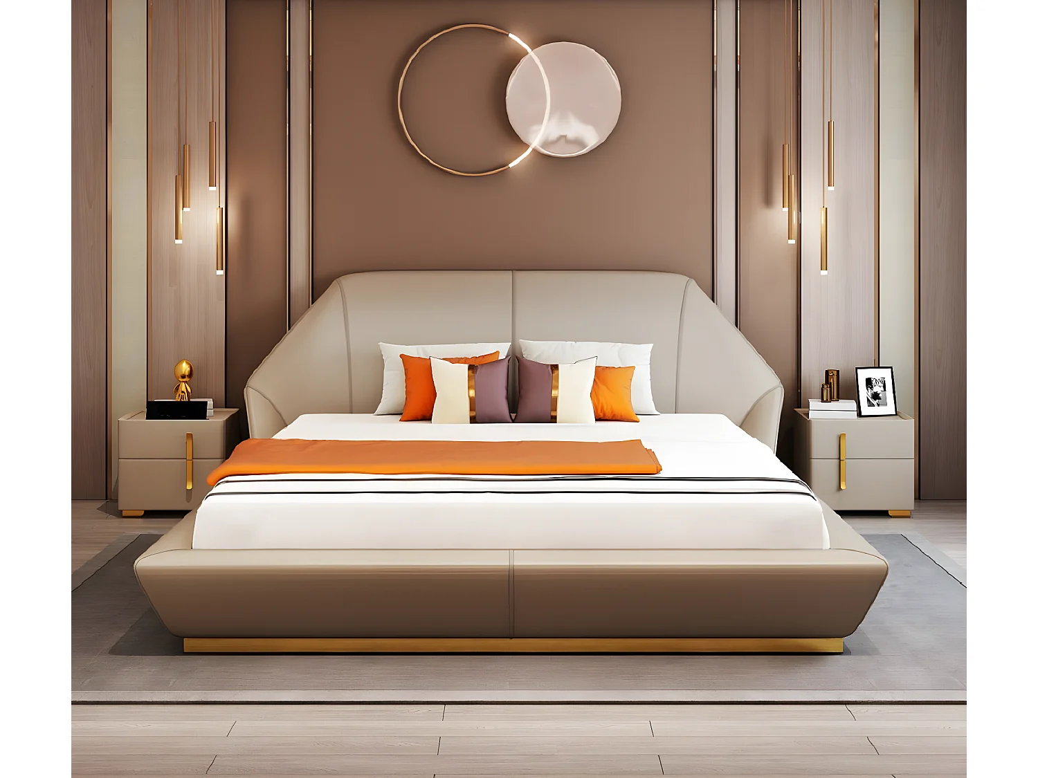 Modernes Beiges Bett Schlafzimmer Designer Möbel Holzgestell (1-tlg., Nur Bett)