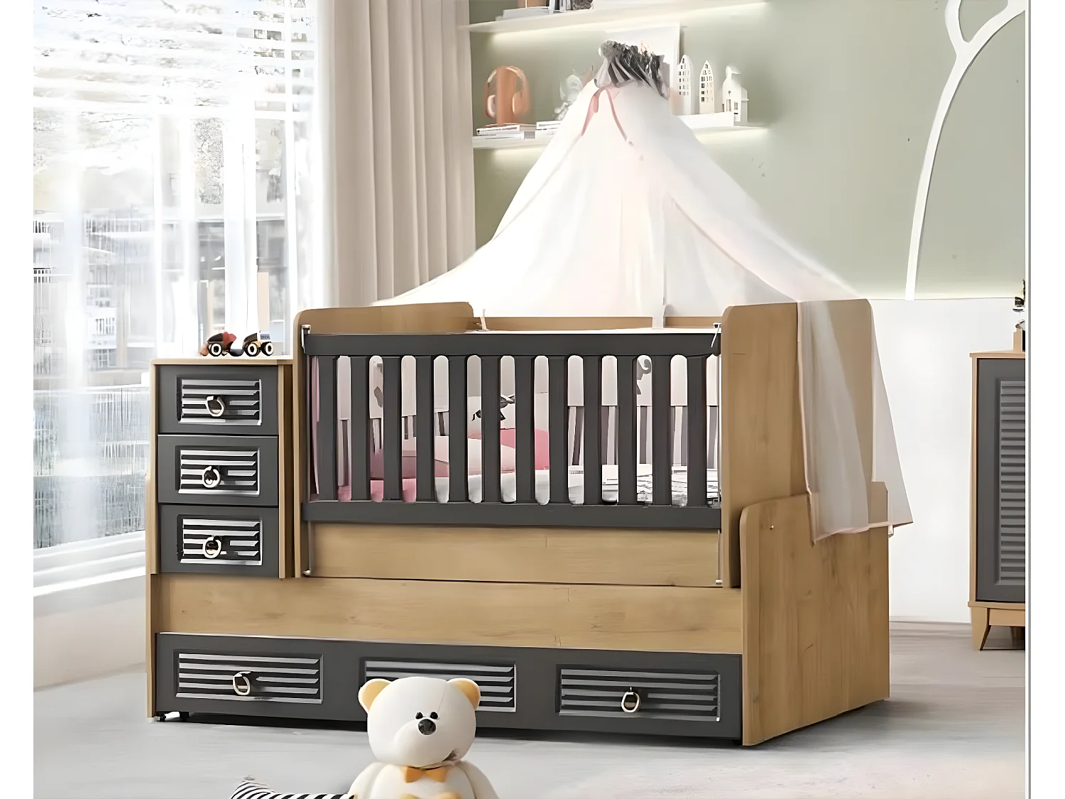 Stilvoll Kinderbett luxuriös HolzBett Grau Farbe Exklusive Möbel Neu (1-tlg., 1x Kinderbett)