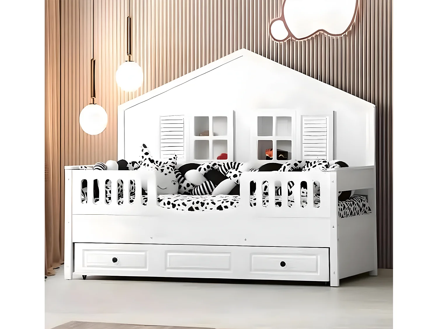 Kinderbett Holzbett Funktionsbett Ausziehbares Weiß Holz Bett 90 x 200 (1-tlg., 1x Bett)