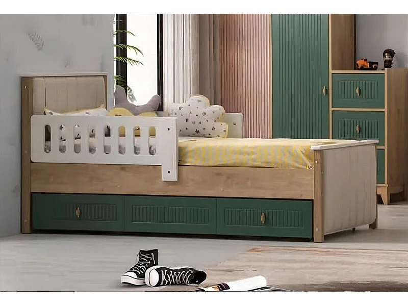 Stilvoll Kinderbett 200 cm Jugendbett Holz Kinderzimmer Stoff Modern (1-tlg., 1x Bett)