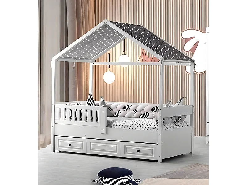 Kinderbett Holzbett Funktionsbett Ausziehbares Bett 200 Holz Weiß Neu (1-tlg., 1x Bett)