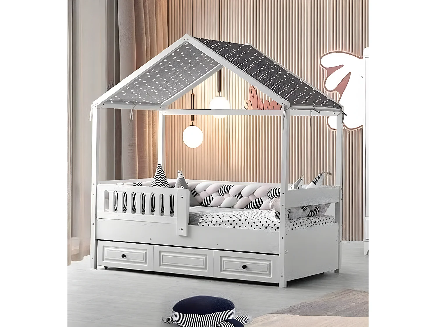 Kinderbett Holzbett Funktionsbett Ausziehbares Bett 200 Holz Weiß Neu (1-tlg., 1x Bett)