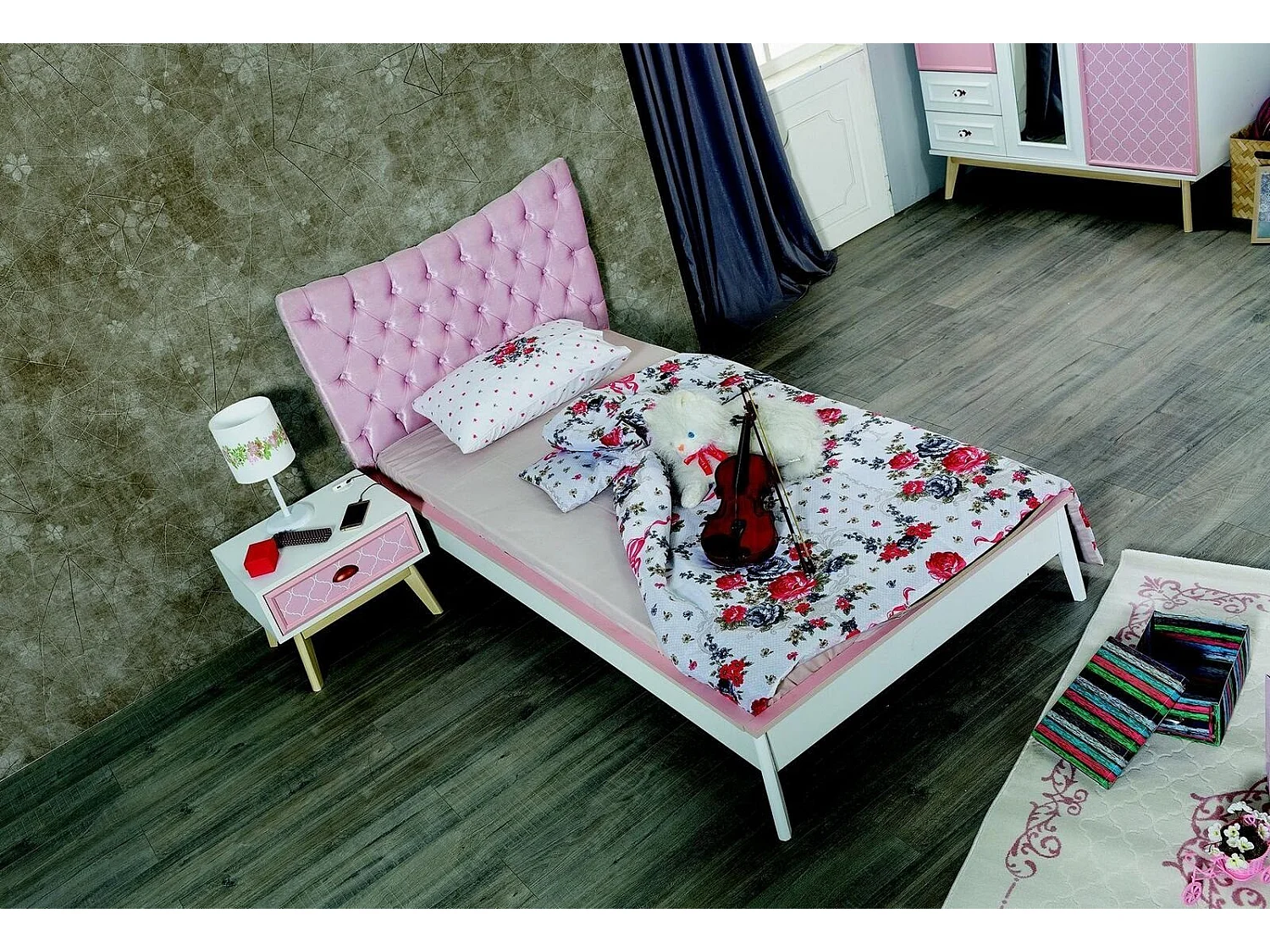Kinderzimmer Luxus Bett Nachttisch Rosa Set Möbel Design 2tlg. Konsole (Bett/Nachttisch)