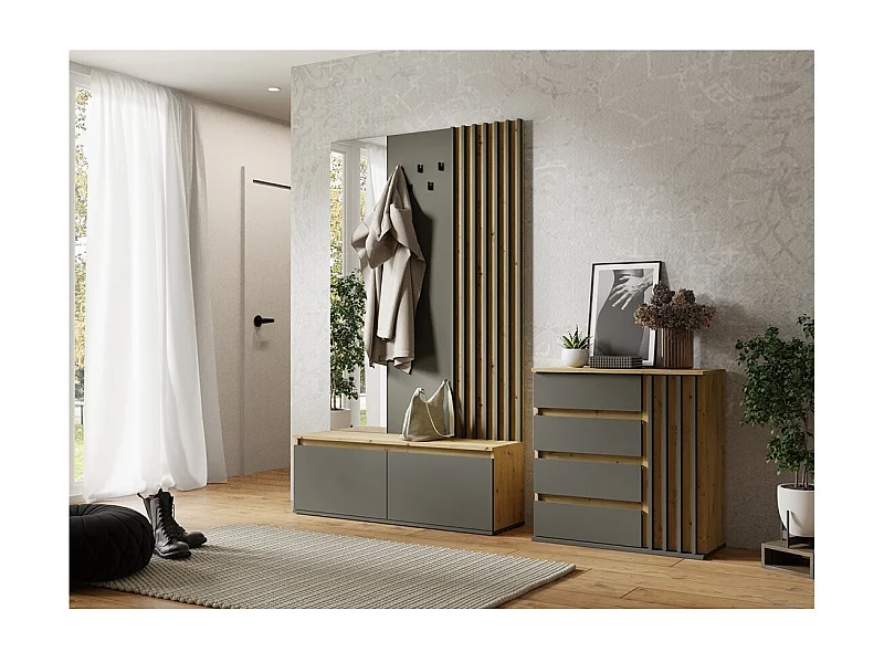 Garderoben-Set mit Kleiderhaken und Spiegel + Kommode - Kollektion NEMO