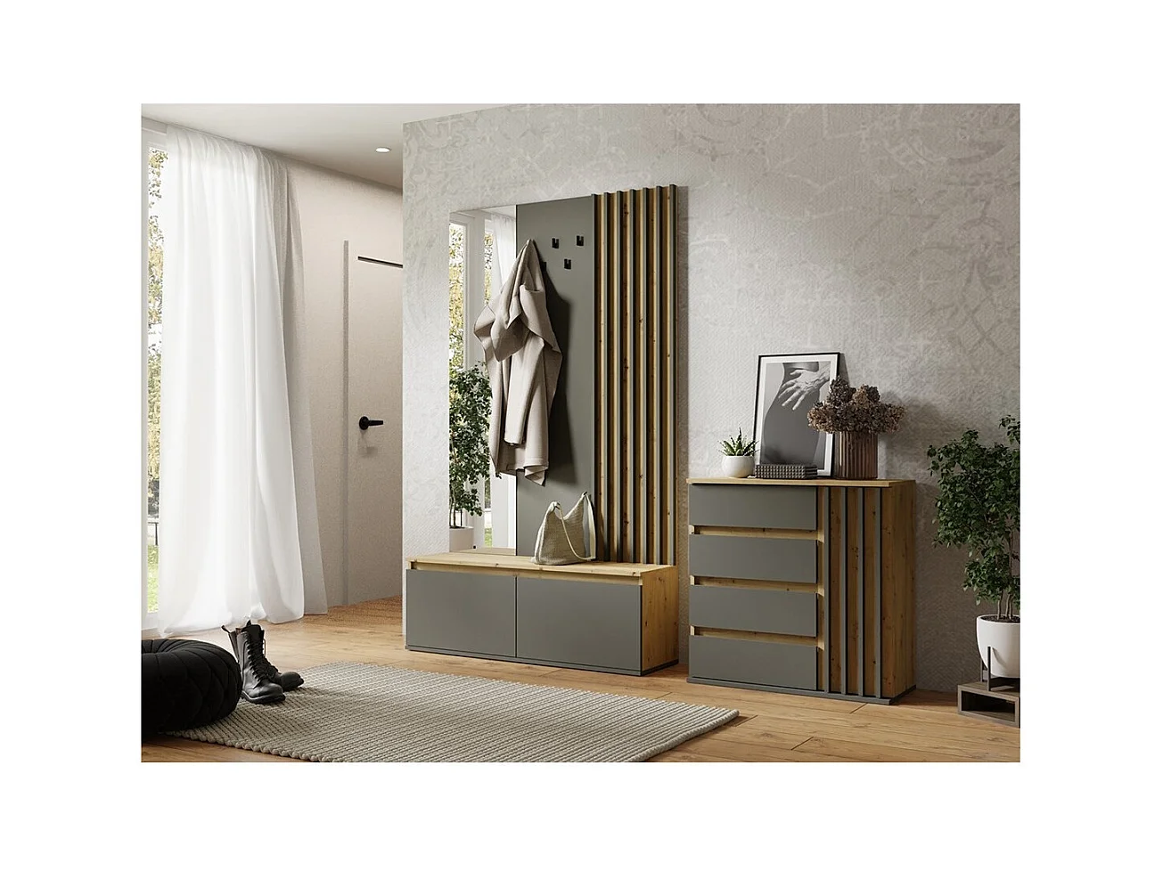 Ensemble meuble d'entrée avec porte-manteau et miroir + commode - Collection NEMO