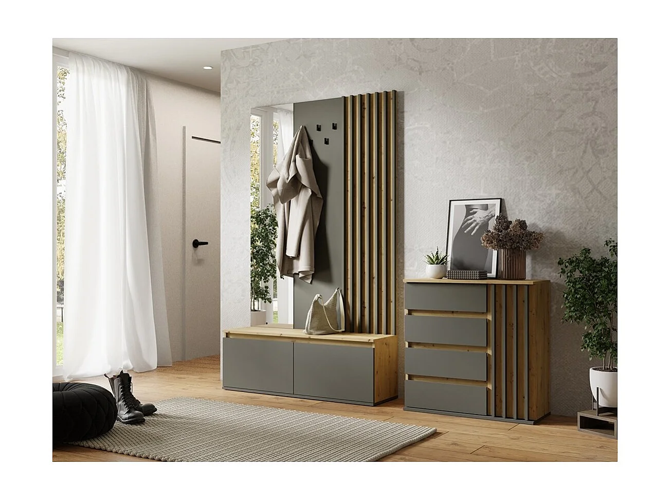 Halmeubelset met kapstok en spiegel + dressoir - Collectie NEMO